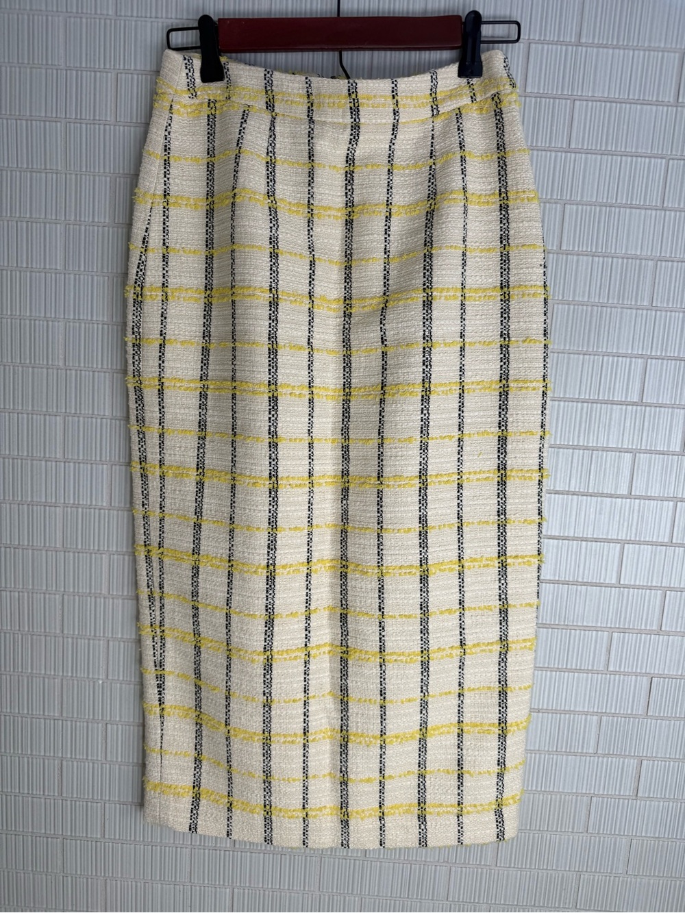 Plaid Tweed Pencil Skirt - Cream and Yellow
